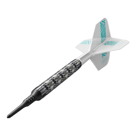 Target Rob Cross 95K Swiss Point Soft Darts - 18g Auf dem Bild ist ein Target Rob Cross 95K Swiss Point Softdart mit 18g zu sehen. Der Dart hat einen strukturierten silbernen Barrel, eine schwarze Spitze und weiße Flights mit türkisfarbenen Akzenten.
