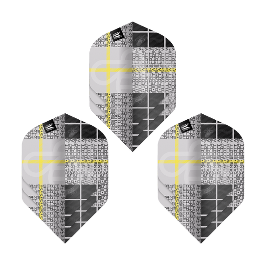 Das Bild zeigt drei Sätze der Target Pro Ultra Scott Williams GEN2 No2 Standard Flights. Die Flights haben ein modernes Design mit schwarz-grauen Mustern und gelben Linien.