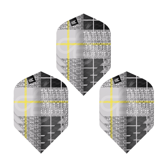 Target Pro Ultra Scott Williams GEN2 No2 Standard Flights - 3 sets Das Bild zeigt drei Sätze der Target Pro Ultra Scott Williams GEN2 No2 Standard Flights. Die Flights haben ein modernes Design mit schwarz-grauen Mustern und gelben Linien.