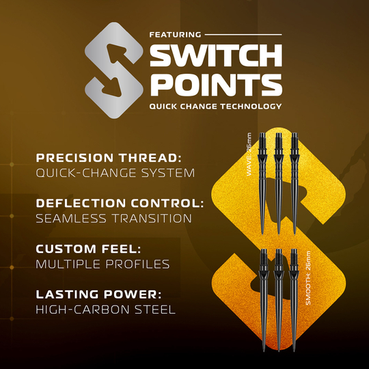Winmau Exion Parallel Switch Point Steeldarts sind abgebildet. Die Steeldarts bieten eine exzellente Griffigkeit und Präzision.