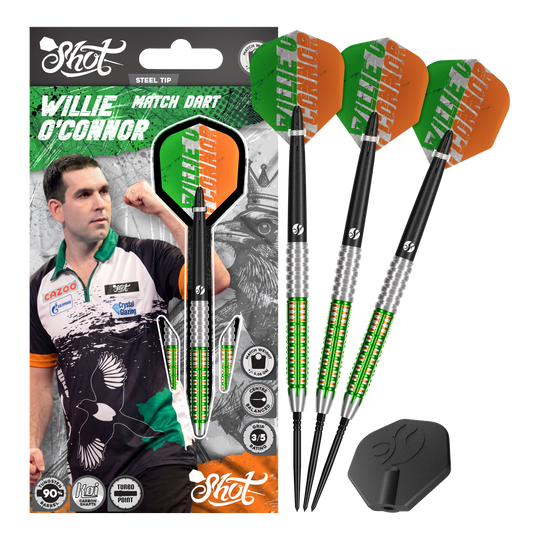 Shot Pro Series Willie O'Connor Turbo Point Steeldarts werden vollständig gezeigt. Die Darts besitzen spezielle Gravuren.