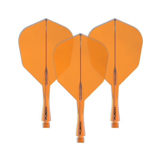Dies ist ein Bild eines Winmau Fusion Flight Shaft Systems No6 in Neon Orange, 22 mm. Das Produkt wird als Set dargestellt.
