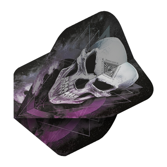 ALC22_Alchemy_The_Void_Standard_Flights_2 Das Bild zeigt das Produkt „Alchemy The Void No2 Standard Flights“. Auf den Flights ist ein detailliert gezeichneter Totenschädel vor einem dunklen, mystischen Hintergrund mit geometrischen Mustern zu sehen.