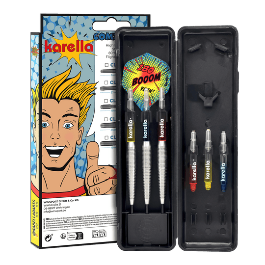 Abgebildet sind die Karella Comic Line CL-5 Steeldarts - 21g. Diese Steeldarts zeichnen sich durch ein Comic-Design aus.