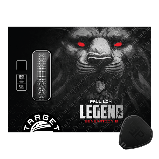 Target Japan Paul Lim The Legend GEN8 Swiss Point Steeldarts - 24g Die Verpackung zeigt die "Target Japan Paul Lim The Legend GEN8 Swiss Point Steeldarts - 24g". Im Hintergrund ist ein Löwenkopf mit roten Augen und ein Porträt von Paul Lim zu sehen.