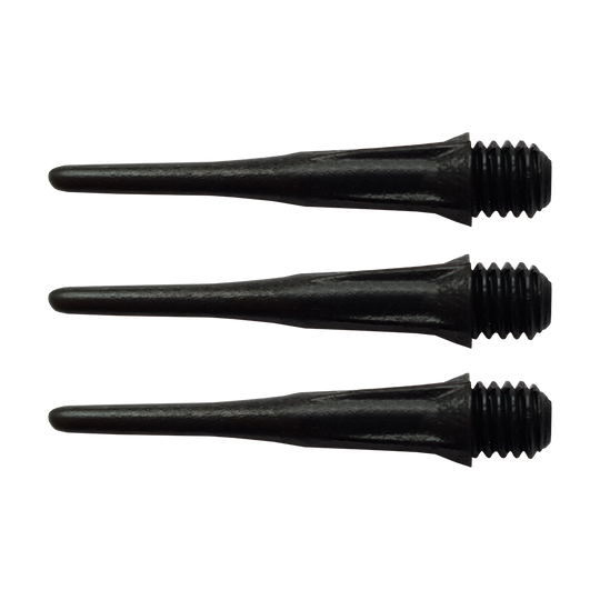 804801_Karella_Ultimo_Softdartspitzen_50Stk_im_Spitzenr-hrchen_Schwarz_1 Das Bild zeigt drei schwarze Softdartspitzen mit Gewinde. Es handelt sich um Karella Ultimo Softdartspitzen, die im 50er-Pack erhältlich sind.