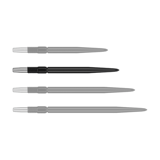 Target Swiss Point Black dart tips Das Bild zeigt vier schwarze Dartspitzen, die nebeneinander liegen. Sie haben einen silbernen metallischen Ansatz und sind unterschiedlich lang.