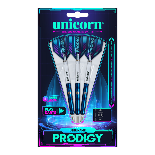 Unicorn Prodigy 01 Parallel Steeldarts Das Bild zeigt die Verpackung der "Unicorn Prodigy 01 Parallel Steeldarts". Drei blaue Steeldarts sind in einer modernen, futuristisch gestalteten Packung präsentiert.