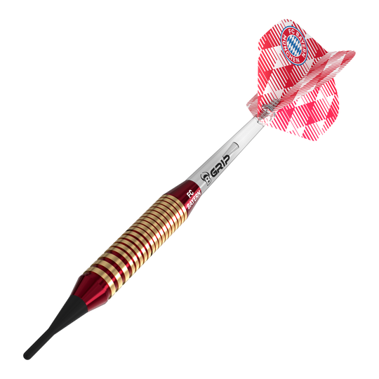 Bulls FC Bayern München Brass Softdarts mit einem Gewicht von 18g sind auf dem Bild dargestellt. Diese Softdarts sind ideal für Fans des Fußballvereins.