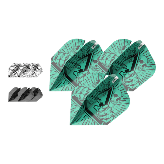 Target Ink Bundle 3 Sets Rob Cross No6 Flights Das Bild zeigt drei verschiedene Sets von Dartflights aus dem "Target Ink Bundle 3 Sets Rob Cross No6 Flights". Die Flights haben auffällige Designs in Grün, Schwarz und Weiß mit grafischen Motiven.