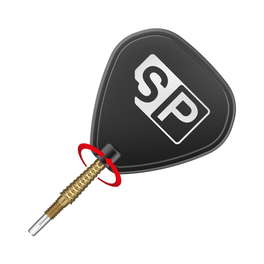 Target Swiss Storm LNC dart tips - gold Auf dem Bild ist eine Dartspitze mit einem goldenen Schaft zu sehen. Am schwarzen Flight steht groß „SP“ in weißen Buchstaben.