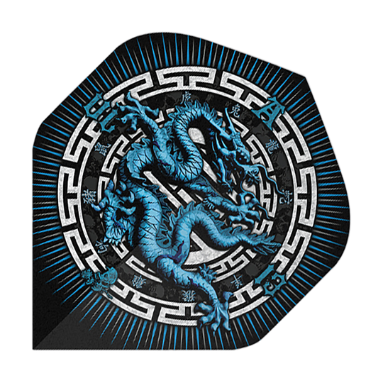 Alchemy Year Of The Dragon No2 Standard Flights Das Bild zeigt das Produkt "Alchemy Year Of The Dragon No2 Standard Flights". Auf dem Flight ist ein blauer Drache in einem dekorativen, kreisförmigen Muster abgebildet.