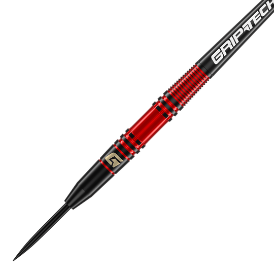 GOAT Athlete Red Brass Steeldarts - 11g Das Bild zeigt einen GOAT Athlete Red Brass Steeldart mit einem Gewicht von 11 Gramm. Der Dart hat ein auffälliges rotes und schwarzes Design mit dem Schriftzug "GRIPTECH" auf dem Schaft.