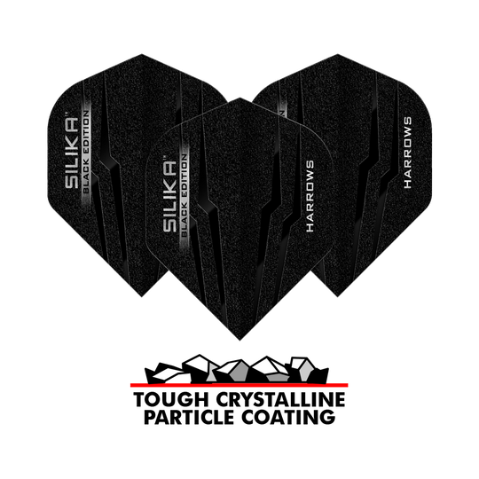 Harrows Silika Black Edition No2 Standard Flights Das Bild zeigt drei schwarze Harrows Silika Black-Edition No2 Standard Flights. Unten steht der Schriftzug „Tough Crystalline Particle Coating“ mit einer Grafik von Kristallen.