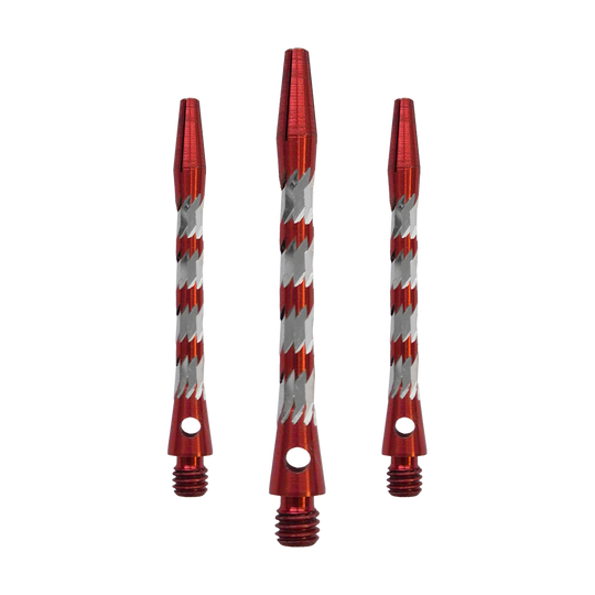 Bulls NL Minor Aluminum Shafts - Red - 46 mm Bulls NL Minor Aluminium Shafts in Rot, 46 mm lang. Das Bild zeigt ein Set roter Aluminiumschäfte für Dartpfeile.
