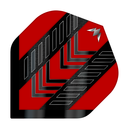 Das Bild zeigt das Produkt "Mission Solo Rogue No2 Standard Flights". Das Flight ist rot mit schwarzen und silbernen Mustern und einem kleinen silbernen Symbol in der Ecke.