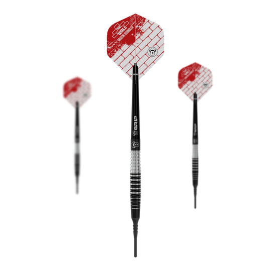 Bulls Martin Schindler Original Generation 3 soft darts Das Bild zeigt drei Softdarts des Modells „Bulls Martin Schindler Original Generation 3“. Die Darts haben schwarz-silberne Schäfte und rot-weiße Flights mit Ziegelmuster.