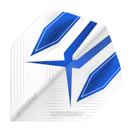 6915-112_Winmau_Prism_Alpha_6915-112_Standard_Flights_1 Das Bild zeigt ein Winmau Prism Alpha 6915.112 Standard Flight. Das Flight ist überwiegend weiß mit blauen und silbernen Designelementen.