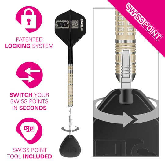 Target Dimitri Van Den Bergh 95K Swiss Point Steel Darts Das Bild zeigt die Target Dimitri Van Den Bergh 95K Swiss Point Steeldarts. Sie sind speziell für professionelle Turniere und anspruchsvolle Spieler entwickelt.