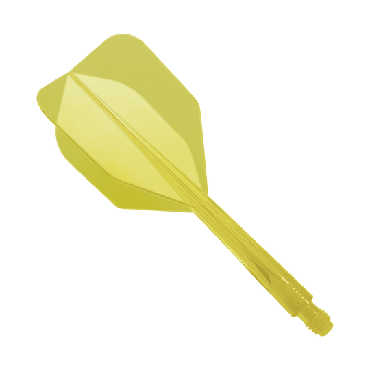 Das Bild zeigt ein gelbes Dart-Flight-System namens "Condor Axe Yellow Flight-System Small - XL - 37,5 mm". Es besteht aus einem Stück und ist für Darts geeignet.