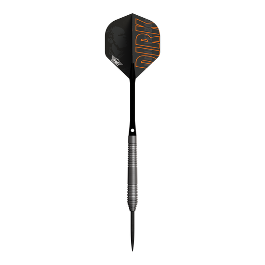Bulls NL Dirk Van Duijvenbode 80 steel darts Dies ist ein Steeldart der Marke Bulls NL, Modell Dirk Van Duijvenbode 80. Der Dart hat einen schwarzen Flight mit dem Namen "DIRK" in orangefarbener Schrift.