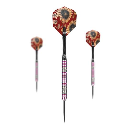Shot Pro Series Barbora Hospodarska 2 Steeldarts - 23g Das Bild zeigt drei Steeldarts der Marke Shot Pro Series Barora Hospodarska mit einem Gewicht von 23g. Die Flights haben ein auffälliges Sonnenblumenmuster auf rotem Hintergrund.