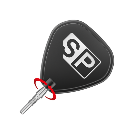 Target Swiss Point Storm Surge steel dart tips - silver Das Bild zeigt eine Dartspitze mit einem schwarzen Flight, auf dem die Buchstaben "SP" abgebildet sind. Ein roter Pfeil deutet auf eine Drehbewegung am Verbindungsstück der Spitze hin.