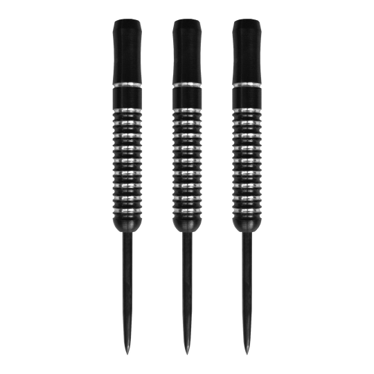Auf dem Bild sind drei McDart Void Steeldart Barrels mit einem Gewicht von 23g zu sehen. Die Darts sind schwarz mit silbernen Rillen und haben eine schlichte, moderne Optik.