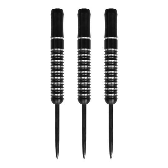McDart Void Steeldart Barrels - 23g Auf dem Bild sind drei McDart Void Steeldart Barrels mit einem Gewicht von 23g zu sehen. Die Darts sind schwarz mit silbernen Rillen und haben eine schlichte, moderne Optik.
