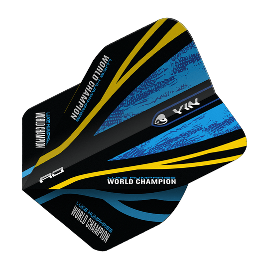 Das Bild zeigt das Produkt "Red Dragon Luke Humphries World Champion Blue Gold Yin Yang Standard Flights". Das Design ist schwarz mit blauen und goldenen Akzenten sowie der Aufschrift "WORLD CHAMPION".