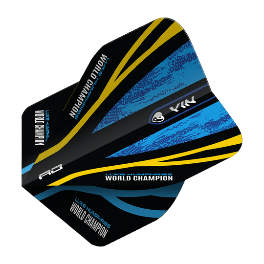 Red Dragon Luke Humphries World Champion Blue Gold Yin Yang Standard Flights Das Bild zeigt das Produkt "Red Dragon Luke Humphries World Champion Blue Gold Yin Yang Standard Flights". Das Design ist schwarz mit blauen und goldenen Akzenten sowie der Aufschrift "WORLD CHAMPION".