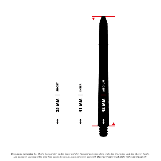 7020_Winmau_Prism_Force_Shafts_5_48mmu2dMttwCypWlP Das Bild zeigt drei verschiedene Längen von Dartschäften: 35 mm (Short), 41 mm (Inter) und 48 mm (Medium). Die Längen werden jeweils vom Ende des Gewindes bis zur Oberkante gemessen, das Gewinde selbst wird nicht mitgerechnet.
