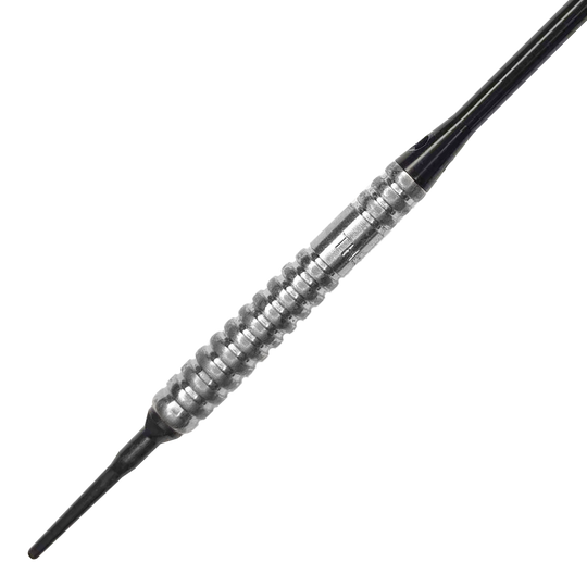McDart 85 Tungsten V20 Soft Darts - 17g Auf dem Bild ist ein McDart 85er Tungsten V20 Softdart mit einem Gewicht von 17g zu sehen. Der Dartpfeil hat eine silberne, geriffelte Griffzone und eine schwarze Spitze.