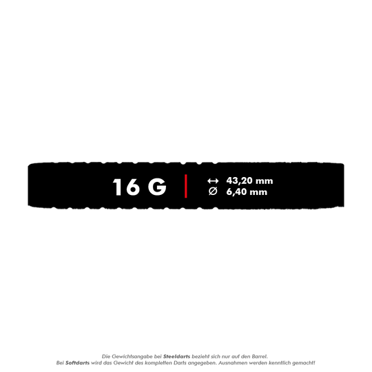 McDart 85 Tungsten V5 Soft Darts - 16g Das Bild zeigt die Produktinformationen der "McDart 85er Tungsten V5 Softdarts - 16g". Die Darts wiegen 16 Gramm, sind 43,20 mm lang und haben einen Durchmesser von 6,40 mm.