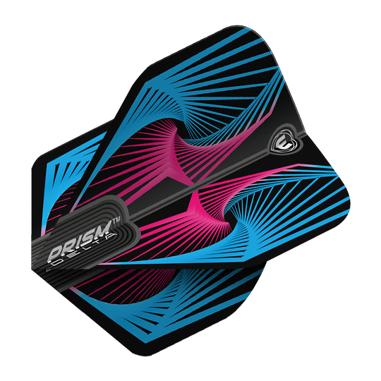 6915-239_Winmau_Prism_Delta_Spiral_BluePink_Standard_Flights_2krbwsaq6eCyTT Das Bild zeigt das Produkt "Winmau Prism Delta Spiral BluePink Standard Flight". Es hat ein schwarzes Design mit blauen und pinken spiralförmigen Linienmustern.
