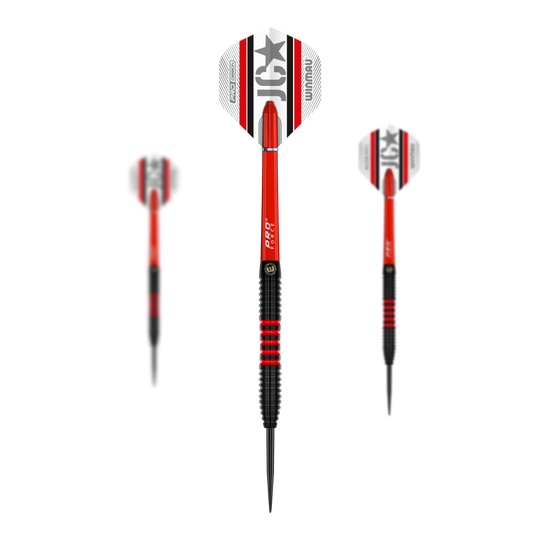 Das Bild zeigt drei Winmau Joe Cullen 85 Pro-Series Steeldarts. Die Darts sind rot, schwarz und weiß gestaltet und haben das Logo sowie den Namen auf den Flights.