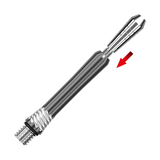 200480_Target_Power_Titanium_Shaft_Ersatztops_Silber_2 Das Bild zeigt den Target Power Titanium Shafts Ersatztop in Silber. Ein roter Pfeil markiert den austauschbaren oberen Teil des Shafts.