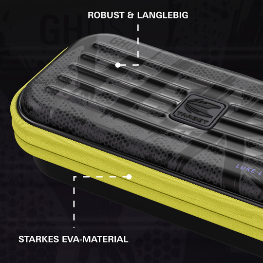 Takoma Ghost Series Luke Littler dart case Gezeigt wird das Takoma Ghost Series Luke Littler Dartcase. Die Tasche bietet Sicherheit und Komfort für alle Dart-Liebhaber.