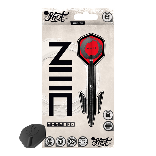 Shot ZEN Torpedo Turbo Point Steel Darts - 23g Die Shot ZEN Torpedo Turbo Point Steeldarts mit 23g werden aus einer anderen Perspektive gezeigt. Die Oberfläche und die Details der Darts sind gut zu erkennen.