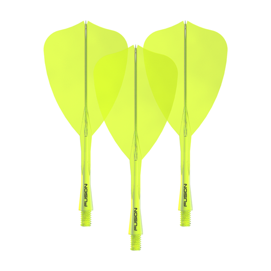 Winmau Fusion Flight Shaft System Arrow Neon Yellow Dieses Bild zeigt das Winmau Fusion Flight Shaft System Arrow Set in Neongelb mit einer Länge von 28 mm. Zu sehen ist vermutlich ein komplettes Dartset.