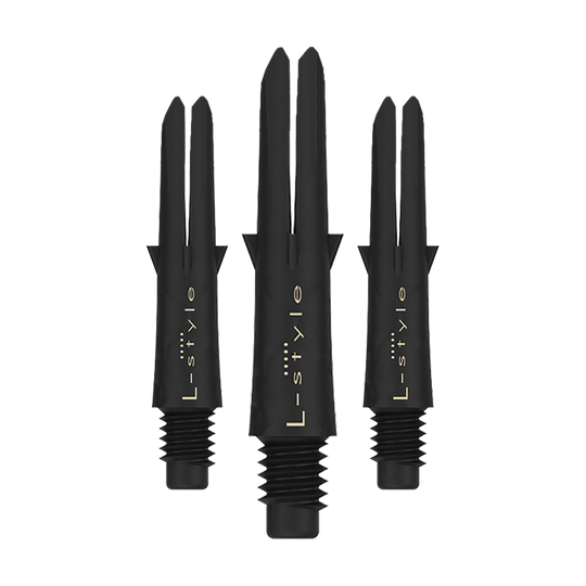 Das Bild zeigt drei schwarze Dartschäfte aus Carbon der Marke L-Style. Sie sind ohne Kappen und haben eine Länge von 26 mm.