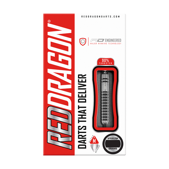 RD2554_Red_Dragon_Gian_Van_Veen_Steeldarts_3 Die Verpackung zeigt die Red Dragon Gian Van Veen Steeldarts mit einem Gewicht von 21 Gramm. Die Darts bestehen zu 90 % aus Wolfram und sind mit einer Steeltip-Spitze ausgestattet.