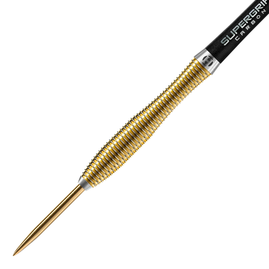 Harrows Anniversary Edition V-Wing Steel Darts Dies ist ein goldfarbener Steeldart mit gerilltem Griff. Am hinteren Ende steht "SUPERGRIP CARBON" auf dem Schaft.