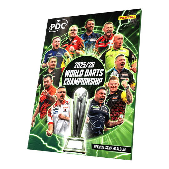 Panini PDC World Darts Championship 2025/26 - Softcover Mega Bundle with two sticker boxes Panini PDC World Darts Championship 2025/26 - Offizielles Sticker-Sammelalbum als Softcover zu sehen. Das Sammelalbum ist für die Kollektion von Panini-Stickern rund um die Weltmeisterschaft gedacht.