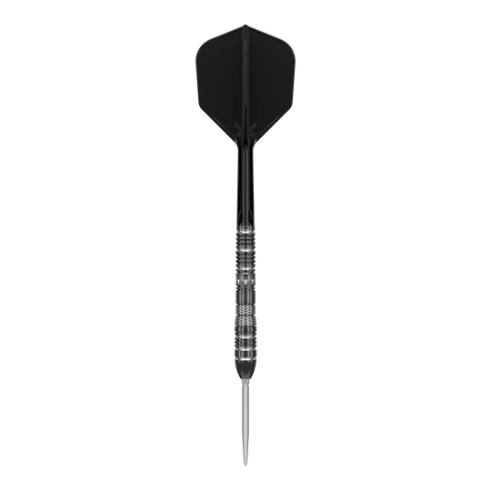 Target Black Marque Dragon 3 Swiss Point Steeldarts Das Bild zeigt einen Target Black Marque Dragon 3 Swiss Point Steeldart. Der Dartpfeil hat ein schwarzes Flight und einen silber-schwarzen, metallischen Griffbereich.