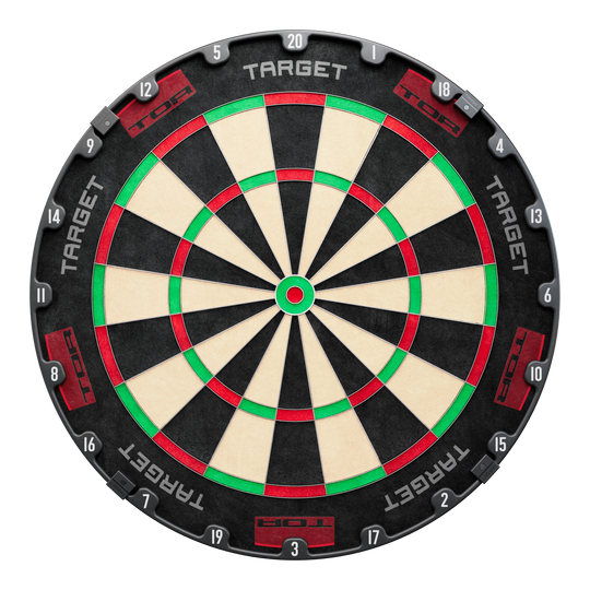 Target TOR Steel Dartboard Das Bild zeigt eine Steeldart-Scheibe mit dem Namen "Target TOR". Die Scheibe hat schwarze, weiße, grüne und rote Segmente und trägt die Aufschrift "TARGET TOR" am Rand.