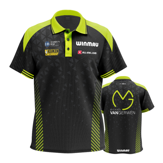 Auf dem Bild ist das Winmau Michael Van Gerwen Stage Poloshirt zu sehen. Dieses Poloshirt ist für Dart-Fans gestaltet.