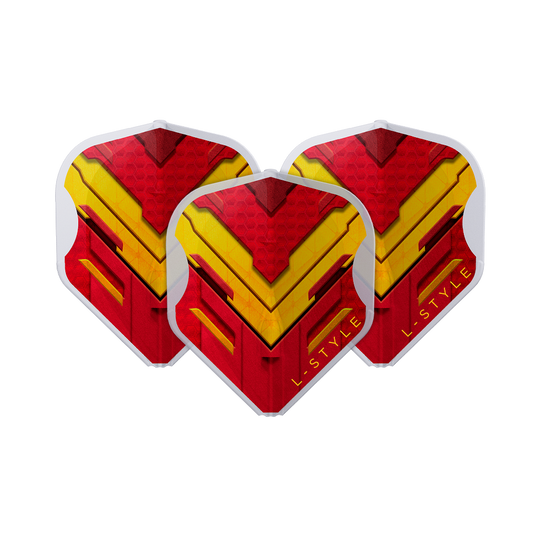 L-Style V-Series V1 Type A Spain Clear White L1EZ Flights Das Bild zeigt drei Dart-Flights der Marke L-Style in den Farben Rot, Gelb und Weiß. Auf den Flights ist ein auffälliges, geometrisches Muster mit dem Schriftzug "L-STYLE" zu sehen.