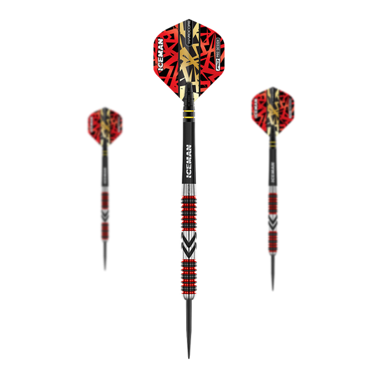 Red Dragon Gerwyn Price Firebird steel darts Das Bild zeigt drei Steeldarts mit auffälligen roten und schwarzen Flights. Die Schäfte sind silbern mit roten und schwarzen Rillen sowie der Aufschrift "ICEMAN".