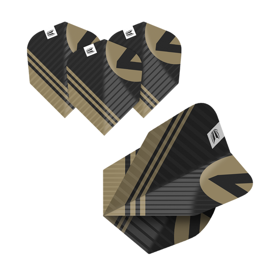 337205_Target_ProUltra_5Sets_Multipack_Chicane_No6_Flights_6Yvb1hKSPJGoUs Das Bild zeigt fünf Sätze Target Pro Ultra Chicane No6 Flights. Die Flights sind schwarz und gold mit einem modernen, gestreiften Design.